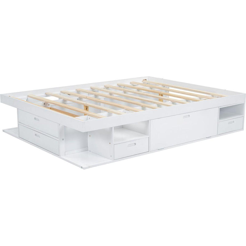 Storage Platform Bed Frame with Multiple Drawers and Shelves No Box Spring Needed, Queen Size,White