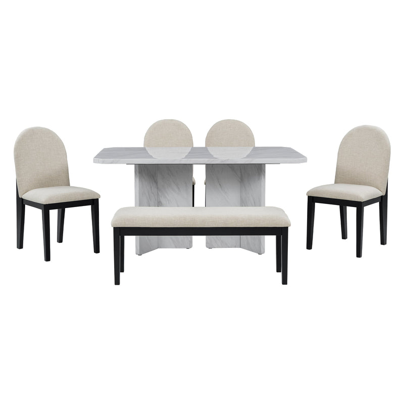 6-Piece Modern Style Dining Set with Faux Marble Table and 4 Upholstered Dining Chairs & 1 Bench (White)