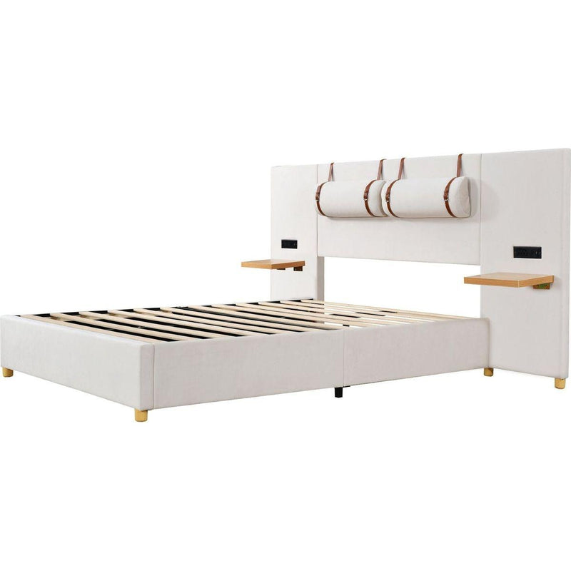 Full Size Upholstered Platform Bed, Two Outlets and USB Charging Ports on Both Sides, Two Bedside Pillows, Storage Shelves,Velvet,Beige