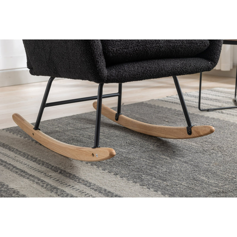 35.5 inch Rocking Chair with Pocket, Soft Teddy Fabric Rocking Chair for Nursery, Comfy Wingback Glider Rocker with Safe Solid Wood Base for Living Room Bedroom Balcony (black)