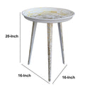 20 Inch Artisanal Industrial Round Tray Top Iron Side End Table, Tripod Base, Distressed White, Gold