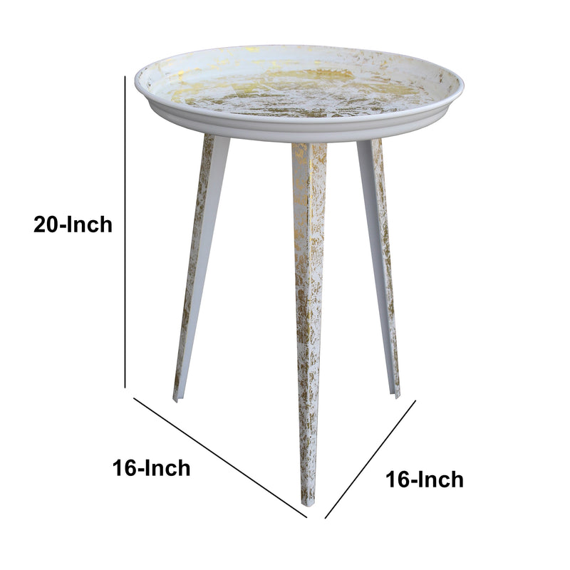 20 Inch Artisanal Industrial Round Tray Top Iron Side End Table, Tripod Base, Distressed White, Gold