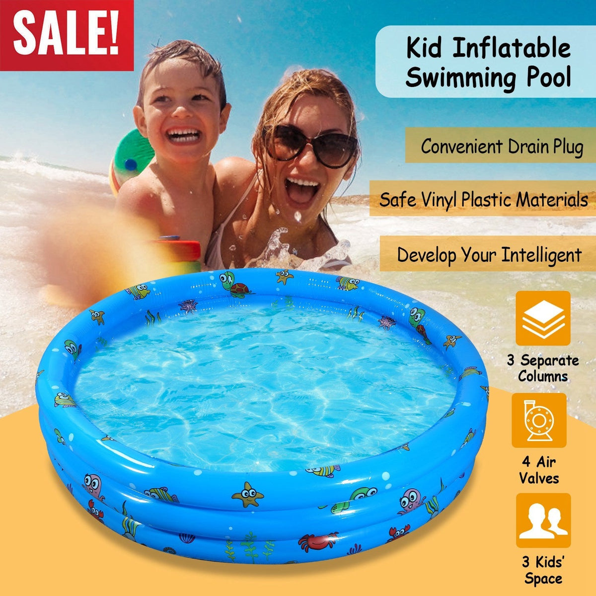 51x13Ó Inflatable Swimming Pool Blow Up Family Pool For 3 Kids Foldable Swim Ball Pool Center w/ 4 Valves Bottom Water Drain Plug For Indoor Backyard, photo 8 of 15