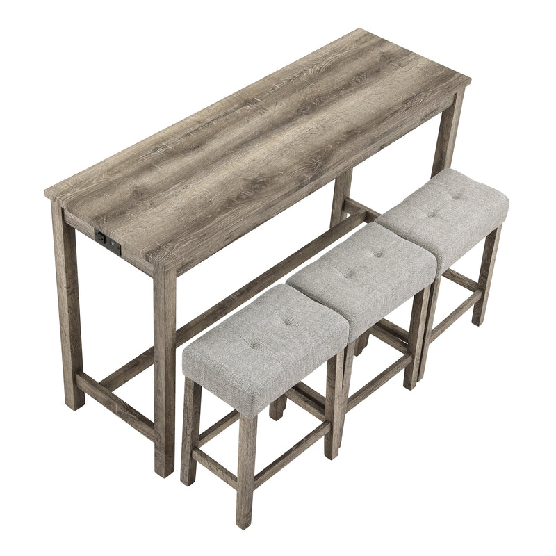 Bar Table Set with Power Outlet, Bar Table and Chairs Set, 4 Piece Dining Table Set, Industrial Breakfast Table Set, for Living Room, Dining Room, Game Room,O