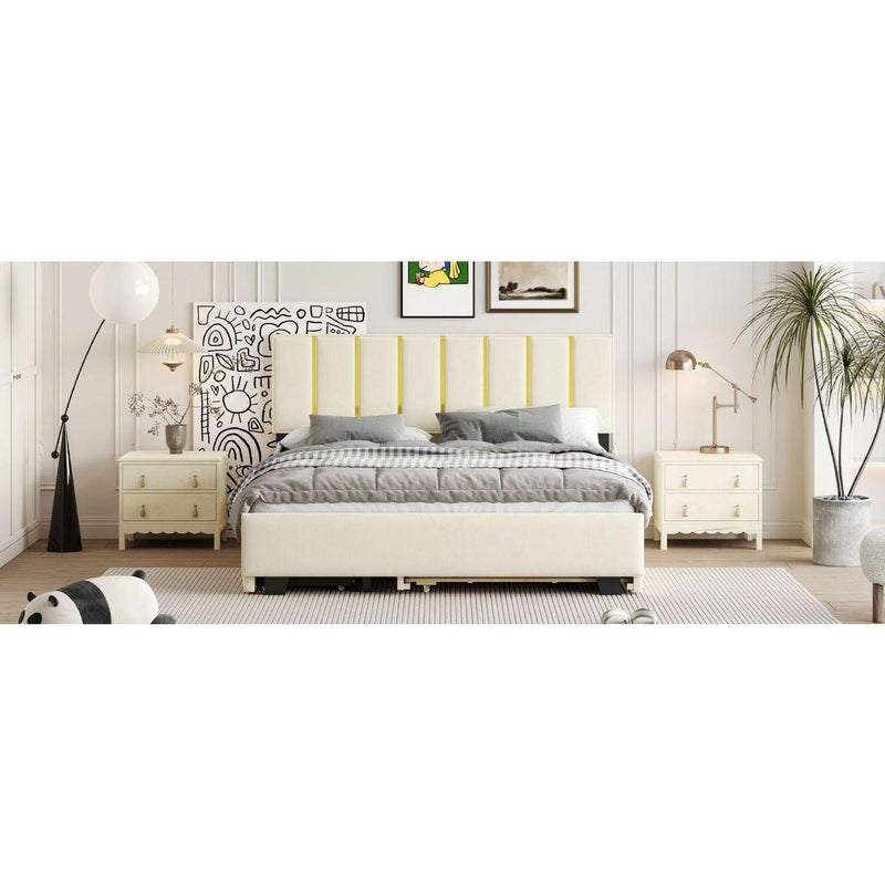 Queen Size Upholstered Platform Bed with 2 Drawers and 1 Trundle, Classic Metal Strip Headboard Design, Beige