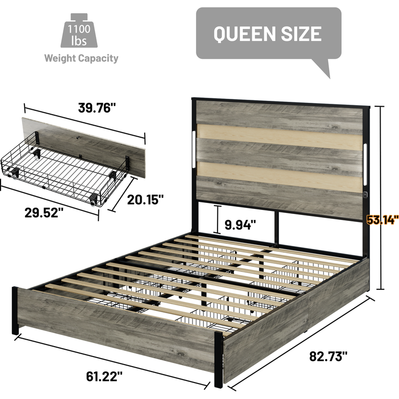 Queen Size Bed Frame with Headboard and 4 Storage Drawers, Queen Bed Frame with Charging Station and LED Lights, Wood Slats, Easy Assembly,No Box Spring Needed,Industrial Gray