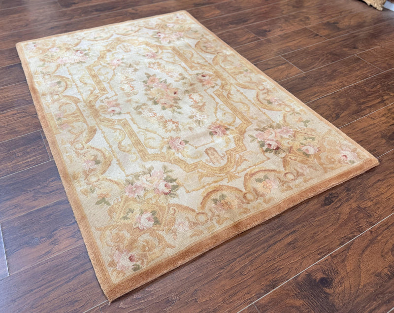 Chinese Aubusson Rug 3.6 x 5, Beige and Gold, Handmade Vintage Elegant European Design Carpet, Plush Wool, Handmade