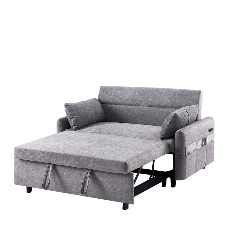 55.1" Pull Out Sleep Sofa Bed Loveseats Sofa Couch with Adjustable Backrest, Storage Pockets, 2 Soft Pillows, USB Ports for Living Room, Bedroom, Apartment, Office,Grey
