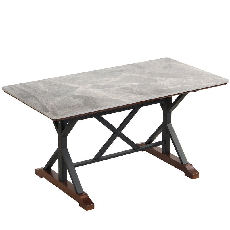 7-piece Modern Dining Table Set, Gray Sintered Stone Dining Table with 6 Tufted Upholstered Chairs, 63-inch Rectangle Dining Table for Dining Room