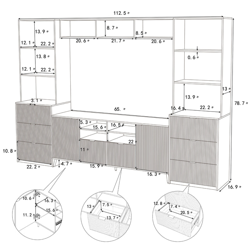 4-Piece Entertainment Wall Unit with 13 shelves,8 Drawers and 2 Cabinets, Multifunctional TV Stand Media Storage Cabinet with Fluted Line Surface for Living Room, for TVs Up to 70"