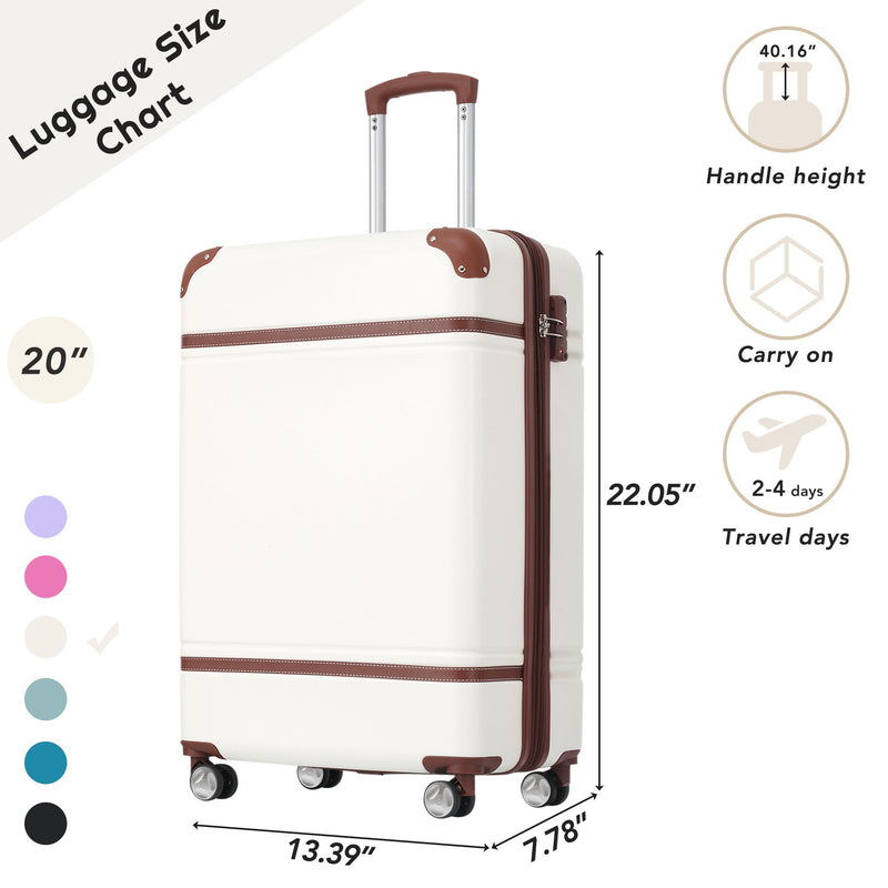 20 IN Luggage 1 Piece with TSA lock, Lightweight Suitcase Spinner Wheels,Carry on Vintage Luggage,White