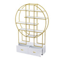 70.8 Inch Round Office Bookcase Bookshelf, Display Shelf, Two Drawers, Gold Frame