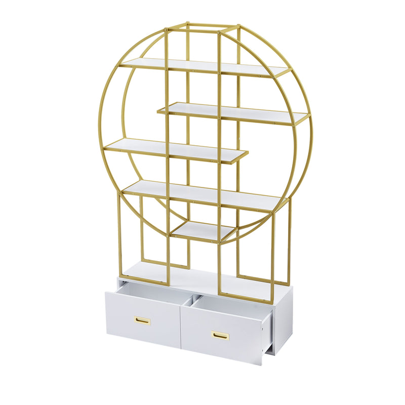 70.8 Inch Round Office Bookcase Bookshelf, Display Shelf, Two Drawers, Gold Frame