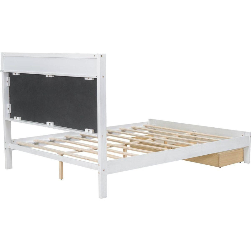 Wood Queen Size Platform Bed with Upholstered Headboard and LED and 2 Drawers, Antique White
