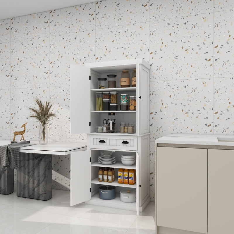 71" Kitchen Pantry Storage Cabinet, with 4 Doors, Drawer, 2 Adjustable Shelves, Freestanding Cupboard for Dining Room Living Room, Laundry-White