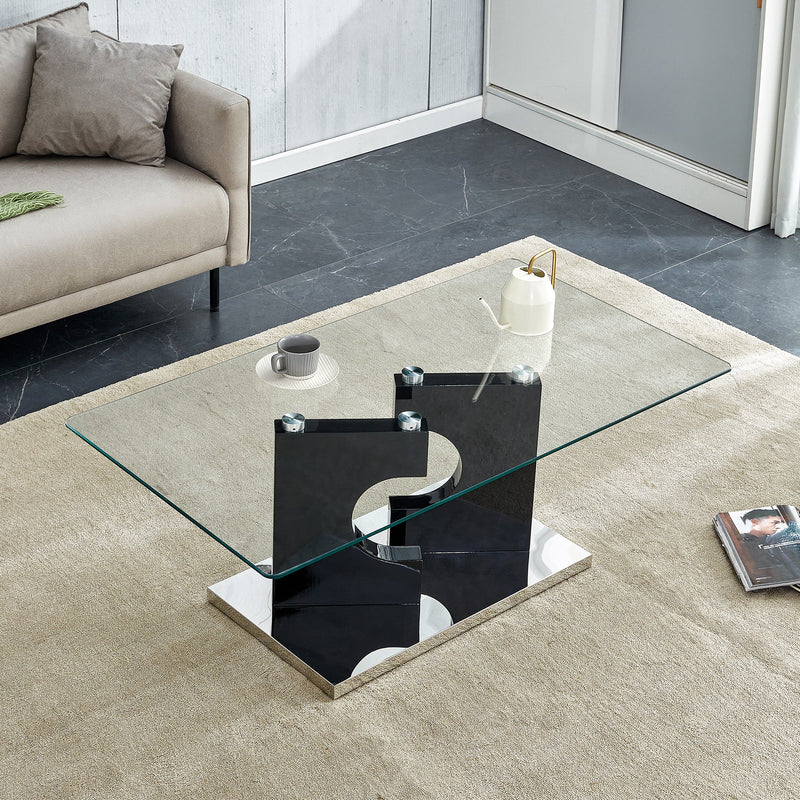 A rectangular modern and fashionable coffee table with tempered glass tabletop and black MDF legs. Suitable for living room.47.2"x25.5"x18"