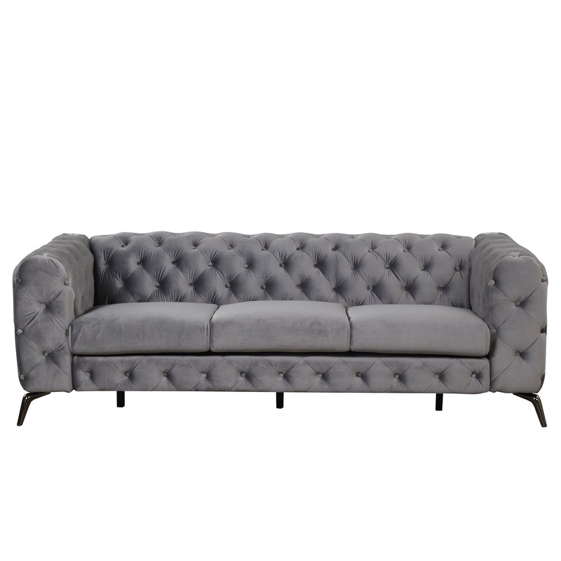 85.5" Velvet Upholstered Sofa with Sturdy Metal Legs, Modern Sofa Couch with Button Tufted Back, 3 Seater Sofa Couch for Living Room, Apartment, Home Office, Gray