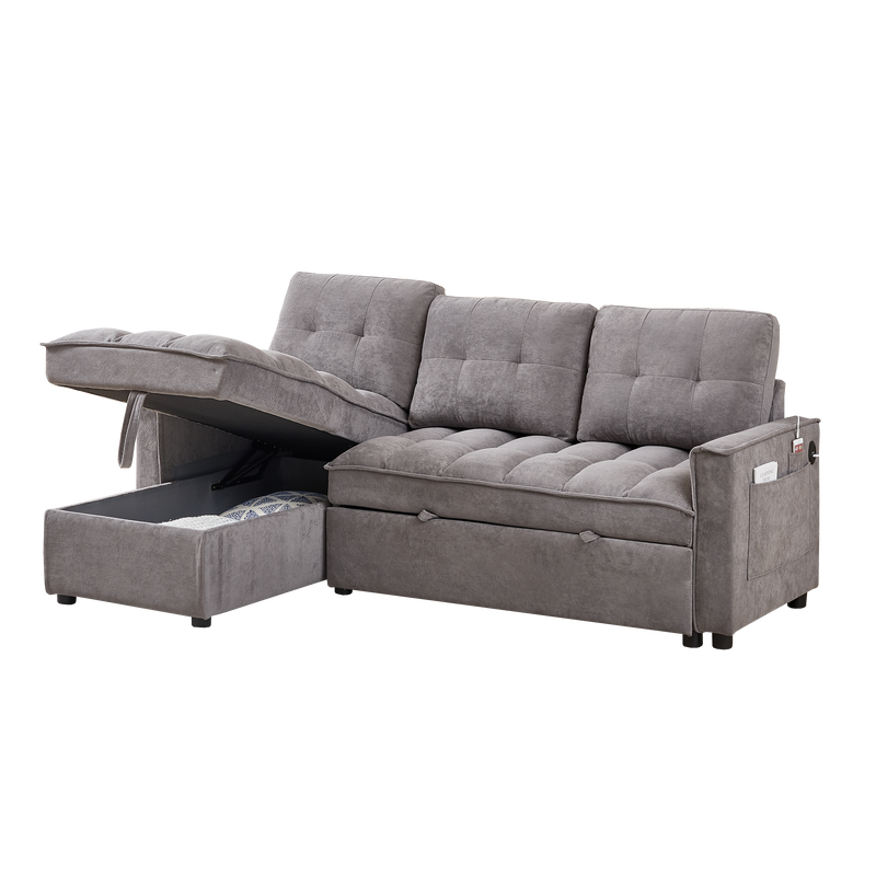 78.75" Reclining Sofa, Pull-Out Sofa Bed with USB and tape-c charging ports, L-Shaped Sectional Sofa with Reclining Storage and Arm Side Organizer Pocket Features, Living Room Comfort Sofa