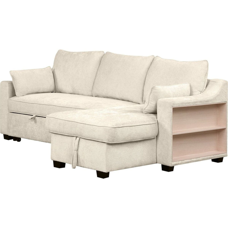 90" Pull Out Sleeper Sofa L-Shaped Couch Convertible Sofa Bed with Storage Chaise, Storage Racks and USB Ports (SG001340AA), Beige