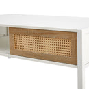 40.16" Rattan Coffee table, sliding door for storage, metal legs, Modern table for living room, white
