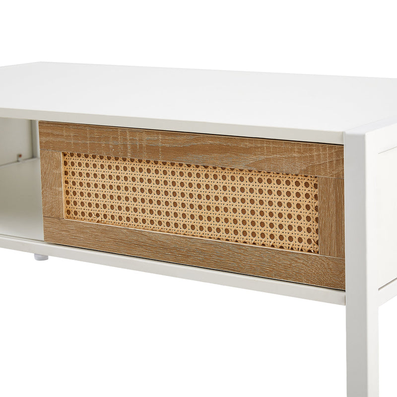 40.16" Rattan Coffee table, sliding door for storage, metal legs, Modern table for living room, white