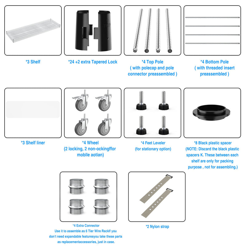 3 Tier Standing Shelf Units, 3000 LBS NSF Height Adjustable Metal Garage Storage Shelves with Wheels, Heavy Duty Storage Rack Metal Shelves - Black - 3T-2472-CHROME