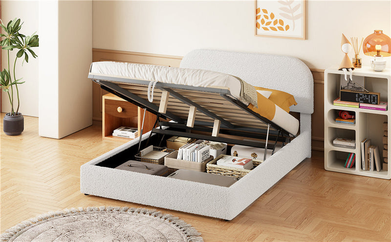 Walker Edison - Teddy Fleece Full  Size Upholstered Platform Bed with Hydraulic Storage System, White