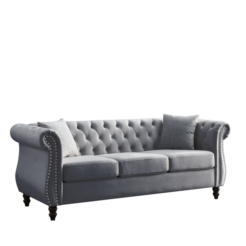 80" Chesterfield Sofa Grey Velvet for Living Room, 3 Seater Sofa Tufted Couch with Rolled Arms and Nailhead for Living Room, Bedroom, Office, Apartment, two pillows