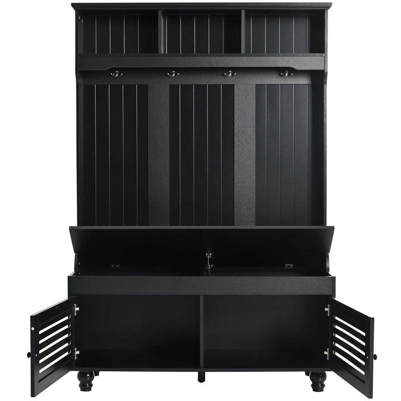 5-in-1 Entryway Bench with Shutter-shaped doors, Coat Rack, Cushion and 4 Sturdy Hooks, 47.2" Wide Hall Tree with Storage Bench for Hallway, Entryway, Living Room