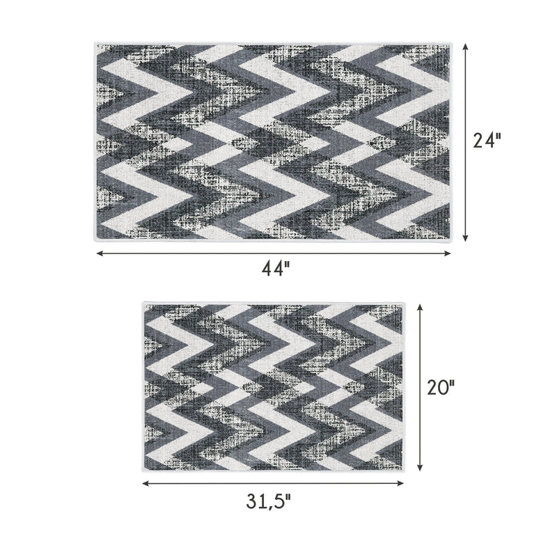 Chevron Design Non Skid Washable Kitchen Runner Rugs Set of 2| 44 x 24 and 31.5 x 20 Inches Floor Mats |Gray