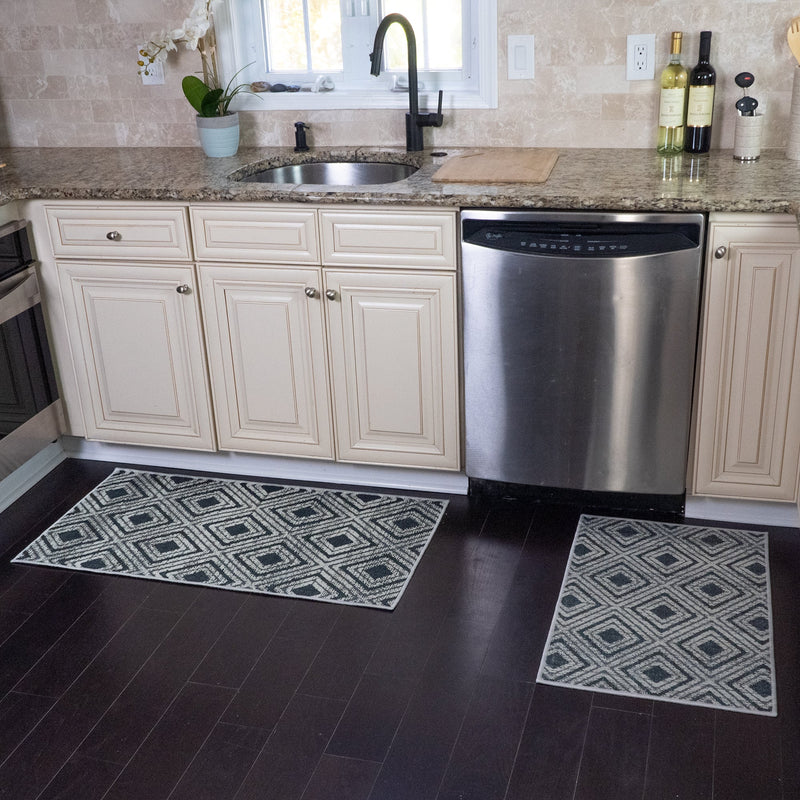 Geometric Design Non Skid Washable Kitchen Runner Rugs Set of 2| 44 x 24 and 31.5 x 20 Inches Floor Mats |Gray
