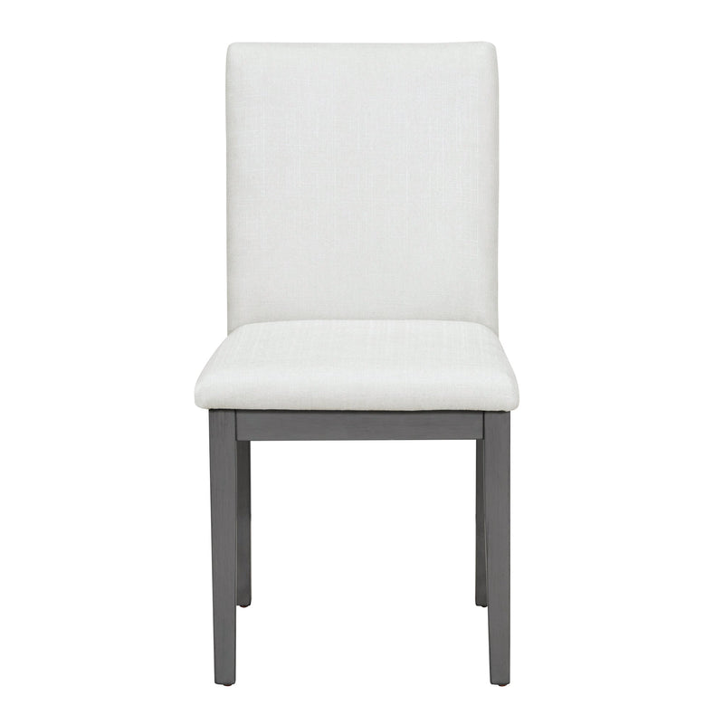 5-Piece Farmhouse Style Dining Table Set, Marble Sticker and Cross Bracket Pedestal Dining Table, and 4 Upholstered Chairs (White+Gray)