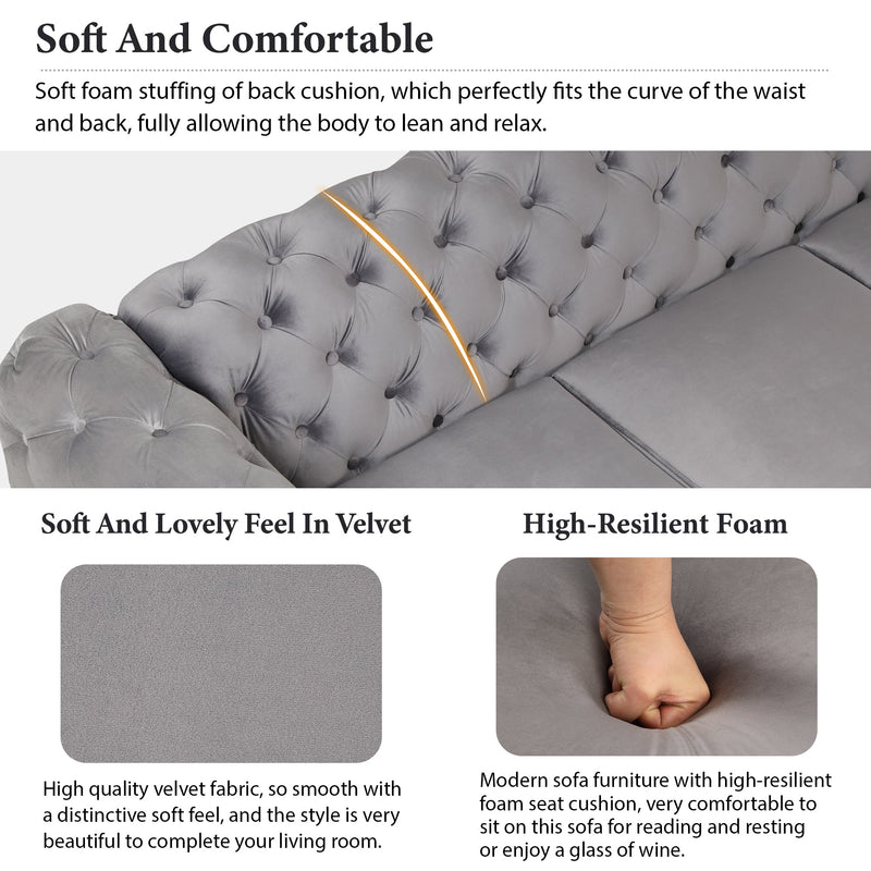 85.5" Velvet Upholstered Sofa with Sturdy Metal Legs, Modern Sofa Couch with Button Tufted Back, 3 Seater Sofa Couch for Living Room, Apartment, Home Office, Gray