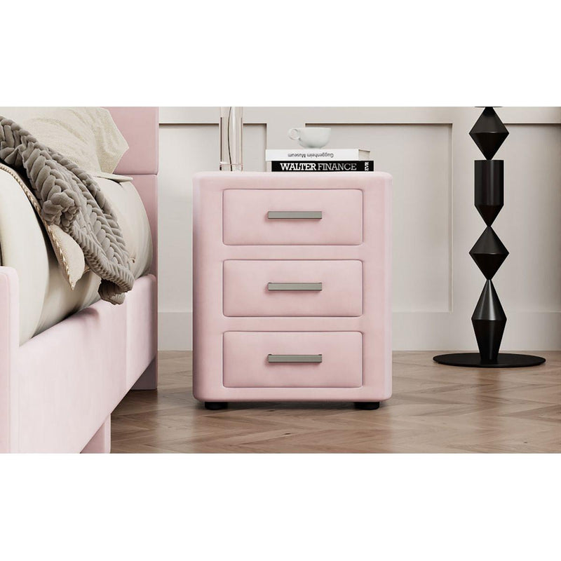 3 Pieces Bedroom Sets Full Size Velvet Upholstered Platform Bed Vertical Channel Tufted Headboard and Two Three-drawer Nightstands,Pink