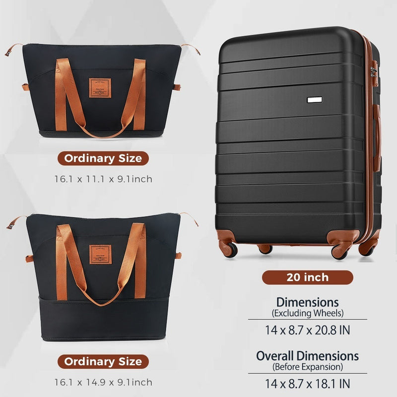 20-Inch Carry-On Luggage with Expandable Travel Bag Set, ABS Hard Shell Two-piece suitcase set, black and brown