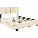 Queen Size Upholstered Platform Bed with 2 Drawers and 1 Trundle, Classic Metal Strip Headboard Design, Beige