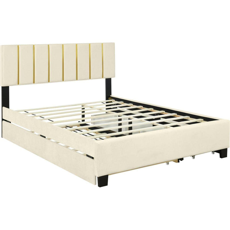 Queen Size Upholstered Platform Bed with 2 Drawers and 1 Trundle, Classic Metal Strip Headboard Design, Beige