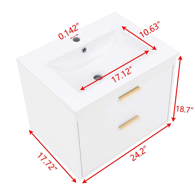 24" Floating Wall Mounted Bathroom Vanity with White Porcelain Sink and Soft Close Doors