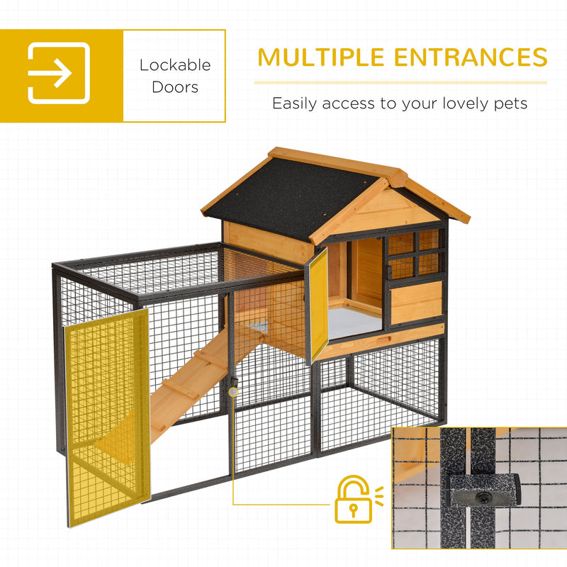2-Level Rabbit Hutch Bunny House with Weatherproof Asphalt Roof, Removable Tray and Ramp for Outdoor