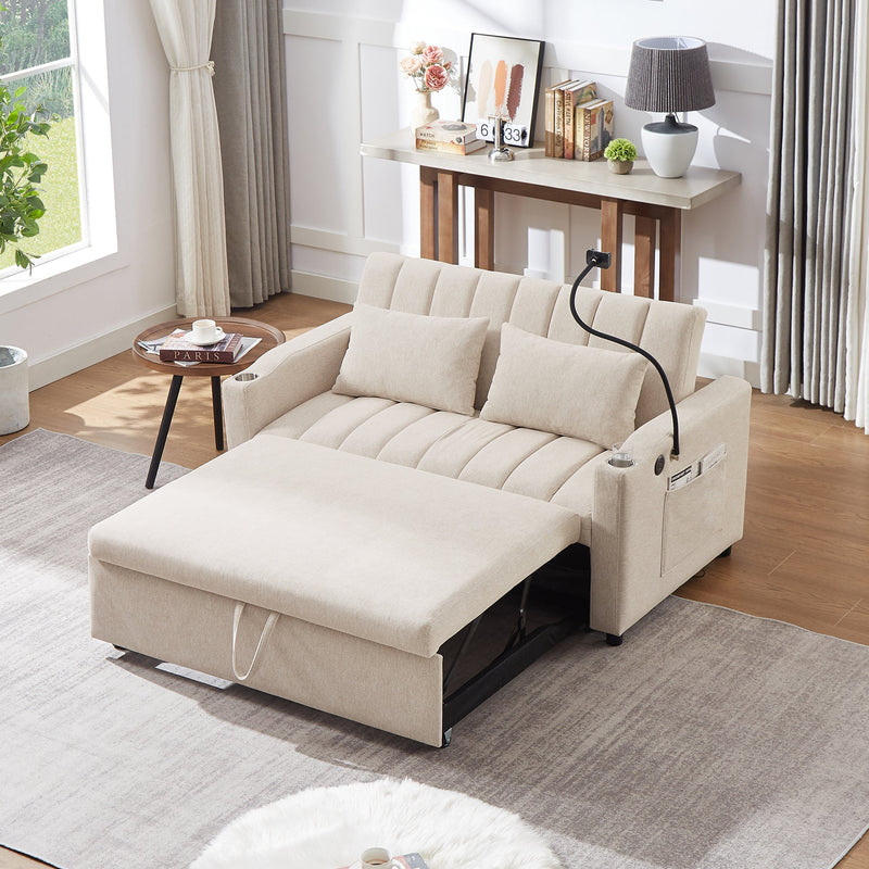 55.9" Convertible Sofa Bed Loveseat Sofa with Three USB Ports, Two Side Pockets, Two Cup Holders and 360Swivel Phone Holder for Living Room, Beige