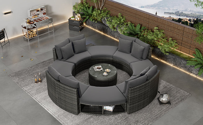 9-Piece Outdoor Patio Furniture Luxury Circular Outdoor Sofa Set Rattan Wicker Sectional Sofa Lounge Set with Tempered Glass Coffee Table, 6 Pillows, Grey