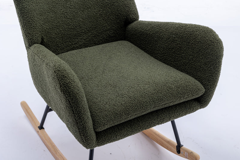 35.5 inch Rocking Chair, Soft Teddy Velvet Fabric Rocking Chair for Nursery, Comfy Wingback Glider Rocker with Safe Solid Wood Base for Living Room Bedroom Balcony (dark green)