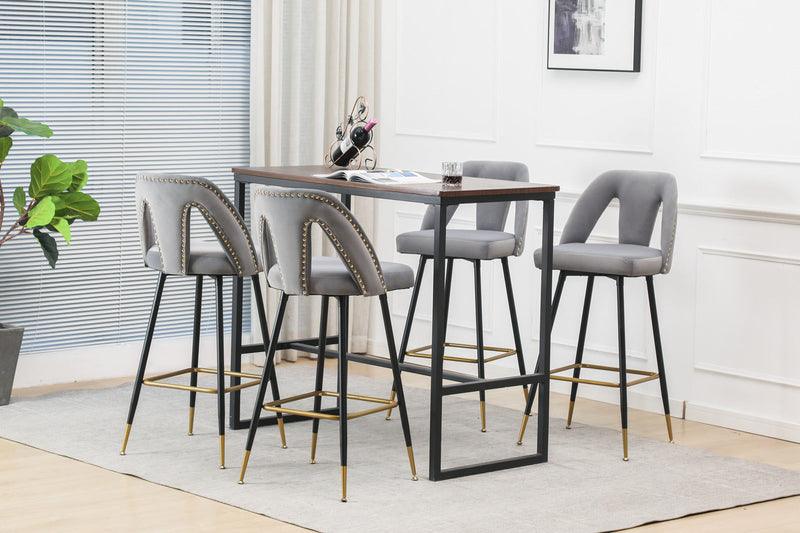 Akoya Collection Modern Contemporary Velvet Upholstered Connor 28" Bar Stool & Counter Stools with Nailheads and Gold Tipped Black Metal Legs, Set of 2 (Gray)