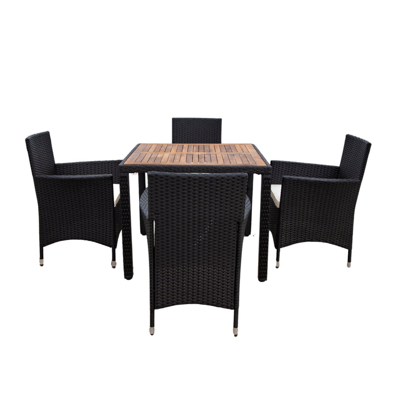 Walker Edison | 5 piece Outdoor Patio Wicker Dining Set Patio Wicker Furniture Dining Set w/Acacia Wood Top Black Wicker + Creme Cushion