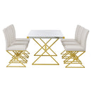 7-Piece Modern Dining Table Set, Rectangular Marble Texture Kitchen Table and 6 PU leather Chairs with X-Shaped Gold Steel Pipe Legs for Dining Room (White)