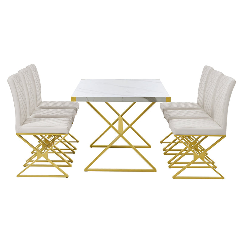 7-Piece Modern Dining Table Set, Rectangular Marble Texture Kitchen Table and 6 PU leather Chairs with X-Shaped Gold Steel Pipe Legs for Dining Room (White)