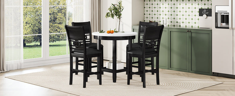 5-piece Counter Height Dining Round Table Set with One Faux Marble Top Dining Table and Four PU-leather Chairs,Dark Espresso
