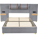 Full size upholstered platform bed with two outlets and USB charging ports on both sides, two bedside pillows, storage shelf, Velvet,Gray