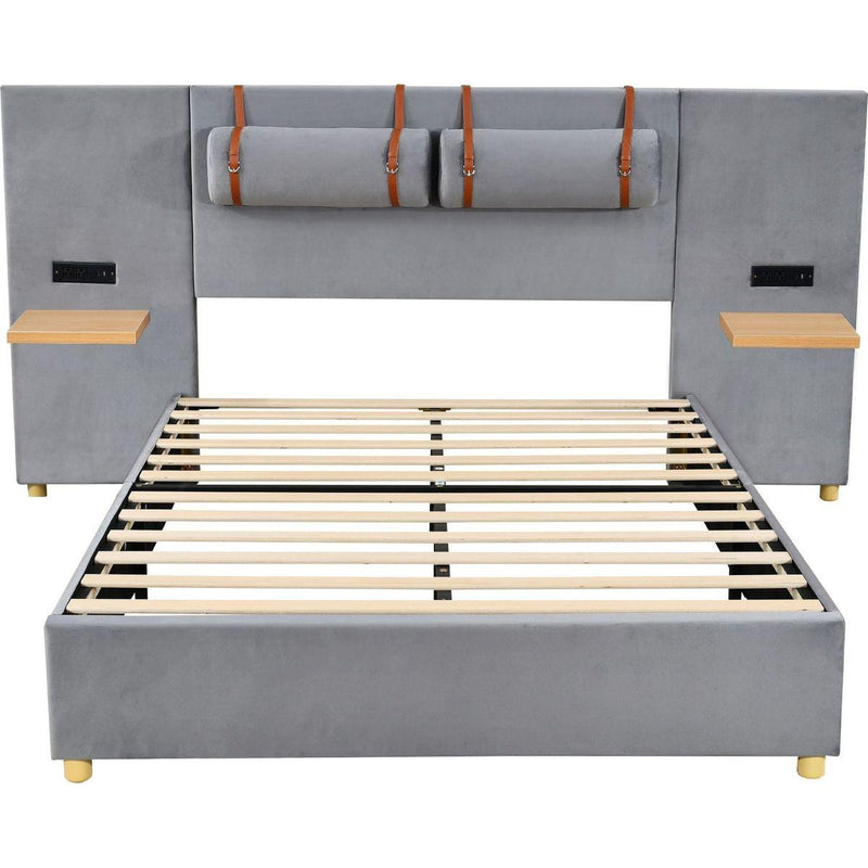 Full size upholstered platform bed with two outlets and USB charging ports on both sides, two bedside pillows, storage shelf, Velvet,Gray
