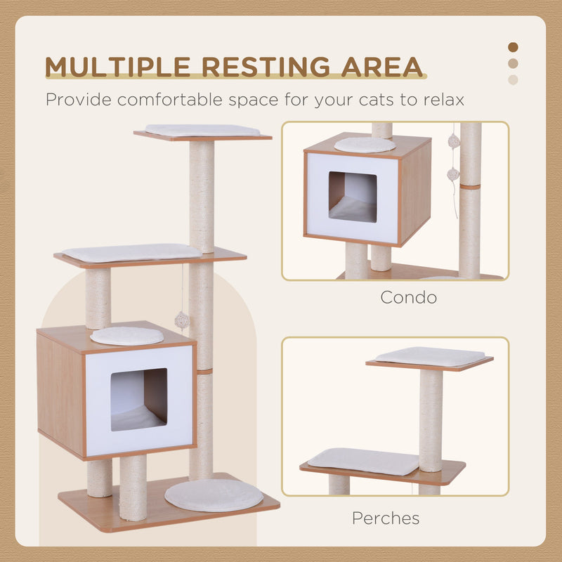 47"Modern Cat Tree Multi-Level Scratching Post With Cube Cave Enclosure - Oak Wood and White